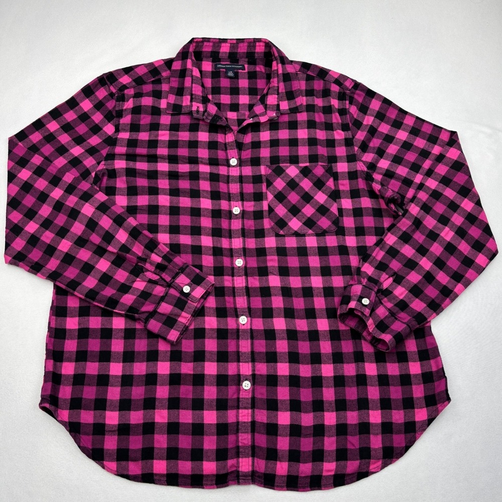 American Eagle Womens Large Pink Black Buffalo Plaid Flannel Shirt Cotton Size L